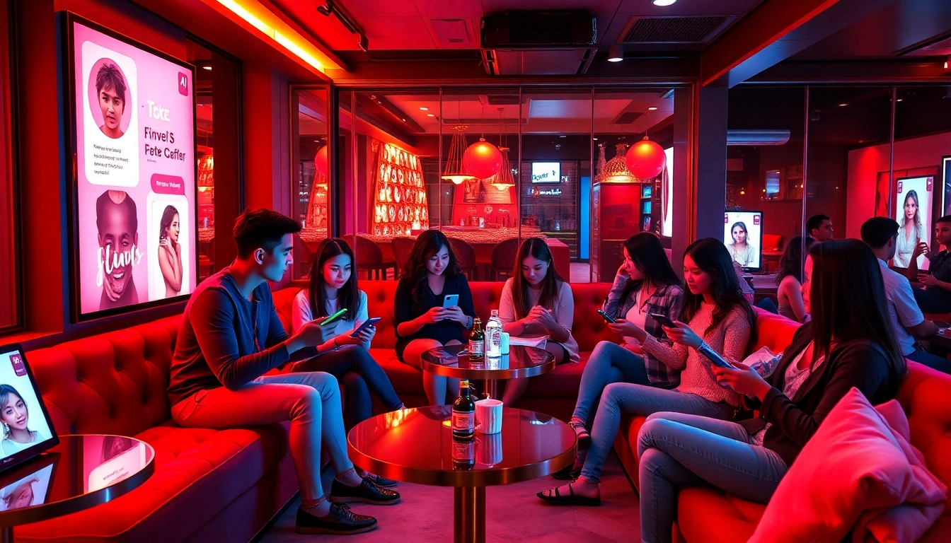 Engaging scene of young adults enjoying AI sexting in a cozy virtual café setting.