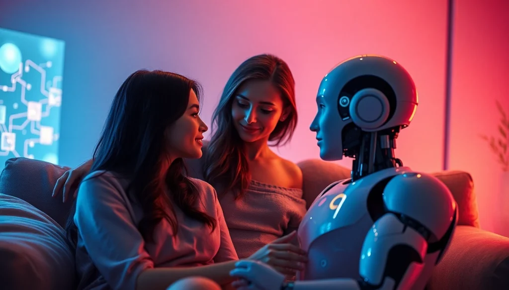 AI sex robot interacting intimately with a couple in a cozy, futuristic setting.