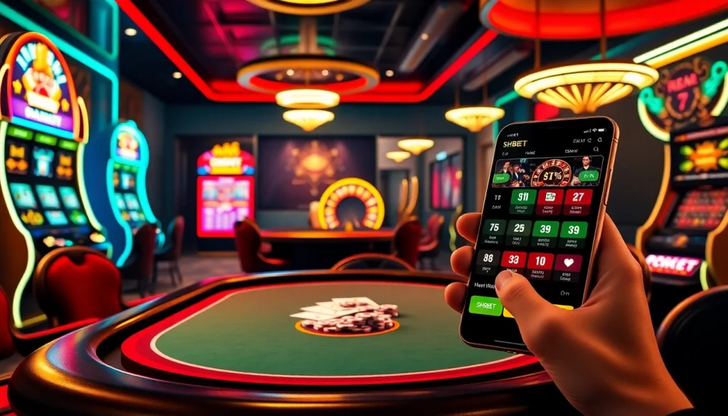 Experience thrilling online gambling with SHBET at a vibrant casino table showcasing poker and slot games.