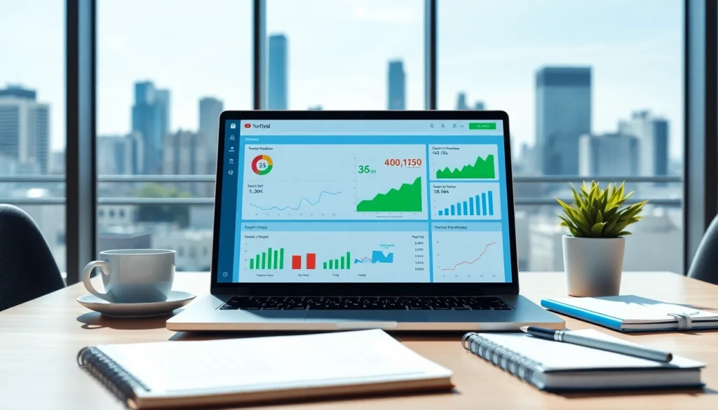 Engaging scene showing a youtube smm panel interface on a laptop, emphasizing social media growth metrics.