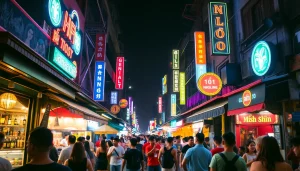 Exploring Ho Chi Minh City nightlife, vibrant bars and street vendors under neon lights.