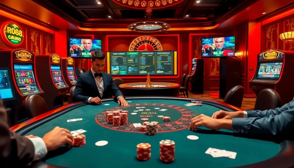 Experience thrilling online gaming with a luxurious setup at https://rr88.wales/, featuring poker tables and vibrant slot machines.
