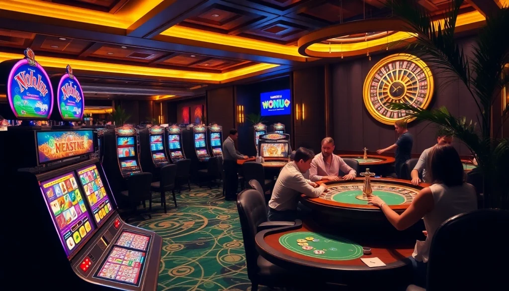 Nohu-themed casino featuring vibrant slot machines and elegant poker tables.