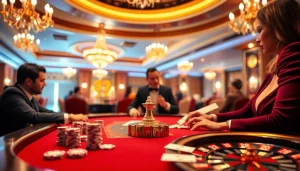 A vibrant poker game at 32win.com, featuring elegant players, chips, and cards in a luxurious casino setting.