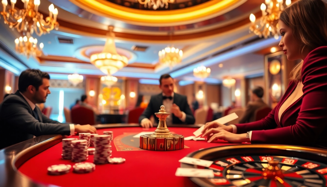 A vibrant poker game at 32win.com, featuring elegant players, chips, and cards in a luxurious casino setting.