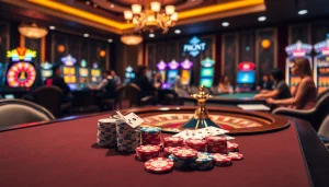 Action-packed scene of nhà cái S8 casino featuring poker chips and playing cards on the table.