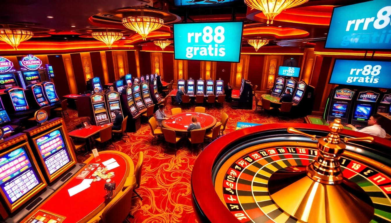 Experience the excitement of rr88 gratis at a luxurious casino, featuring vibrant slot machines and poker tables.