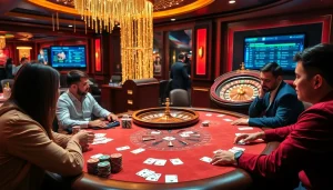 Engage in thrilling gameplay at https://shbet.law/ with a luxurious casino poker scene showcasing vibrant action.