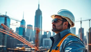 New York City Construction Manager supervising a bustling construction project in the city skyline.