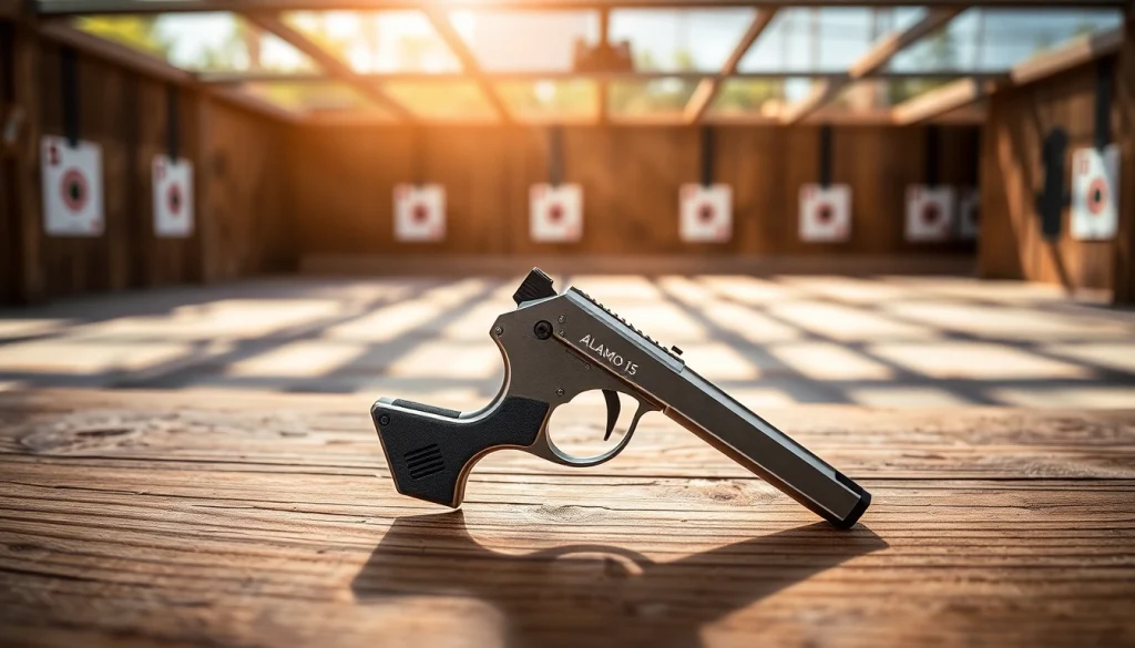 Showcasing the Alamo 15 trigger with its premium design on a shooting range table.