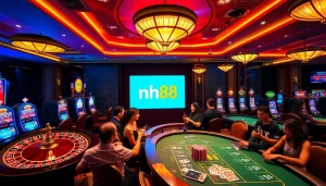 Excited players engaging in games at nhà cái nh88 casino with vibrant slot machines and roulette wheels.
