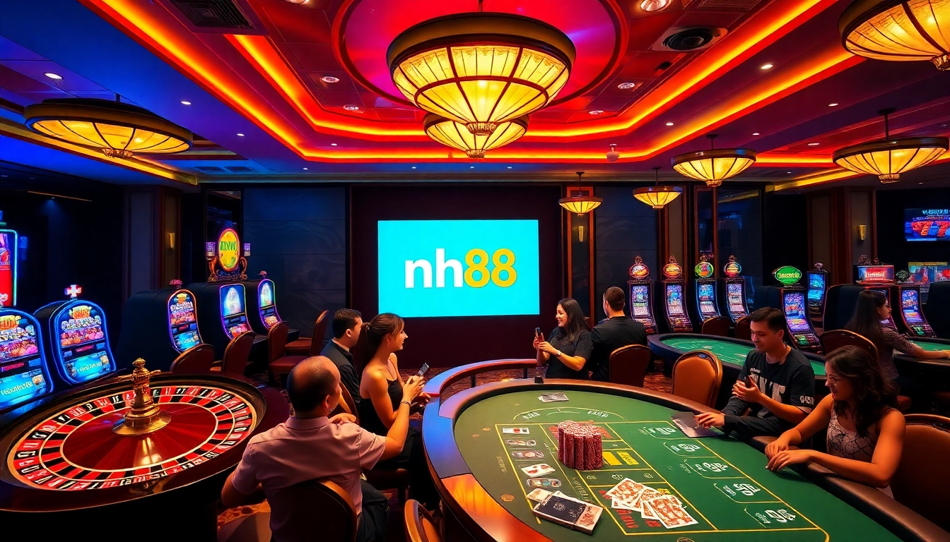 Excited players engaging in games at nhà cái nh88 casino with vibrant slot machines and roulette wheels.