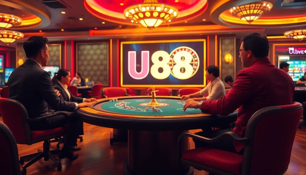 Experience high-stakes poker at U88's luxurious casino with vibrant colors and excitement.
