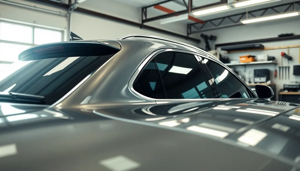 Get the best auto window tint near me with professional tinting services visible in a modern garage.