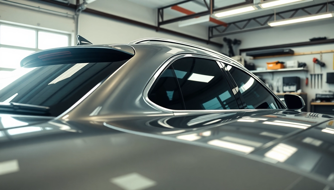 Get the best auto window tint near me with professional tinting services visible in a modern garage.