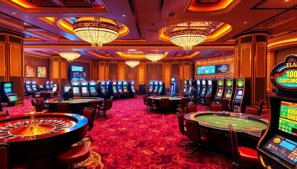 Dynamic casino scene featuring gambling activities related to nhà cái thabet with vibrant tables and engaging players.