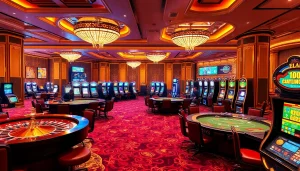 Dynamic casino scene featuring gambling activities related to nhà cái thabet with vibrant tables and engaging players.