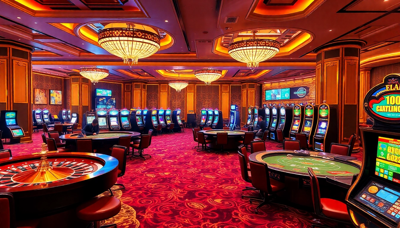 Dynamic casino scene featuring gambling activities related to nhà cái thabet with vibrant tables and engaging players.