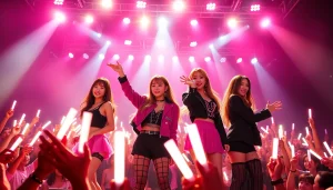 Vibrant concert scene with blackpink members performing energetically.