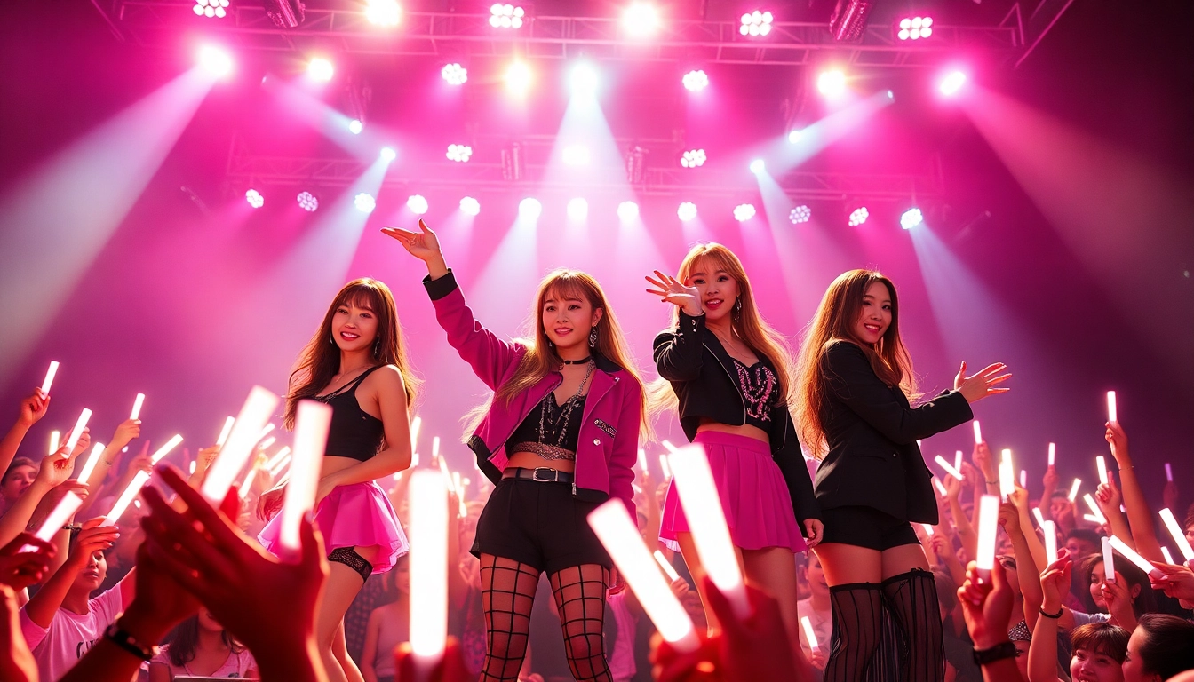 Vibrant concert scene with blackpink members performing energetically.