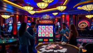 Adegan mendebarkan dengan para pemain di sekitar mesin slot demo Mahjong di kasino yang penuh warna.