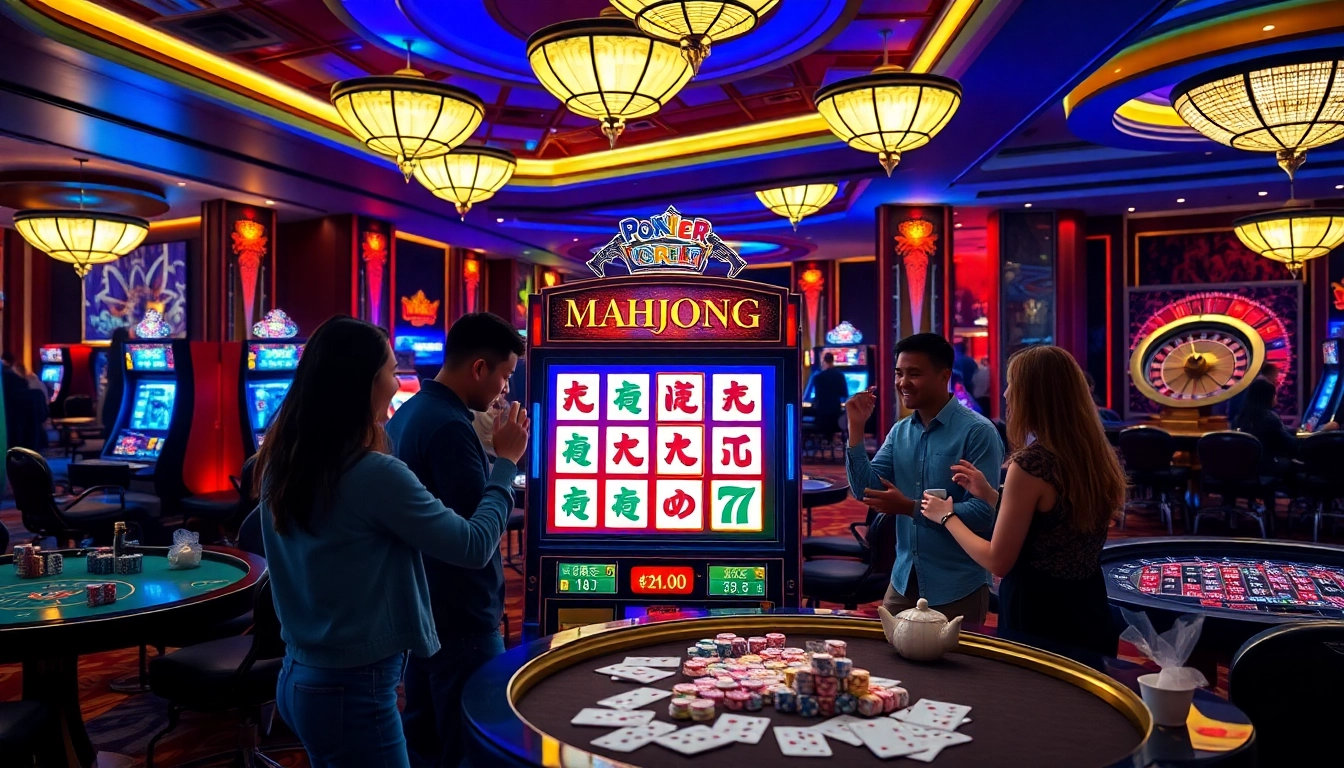 Adegan mendebarkan dengan para pemain di sekitar mesin slot demo Mahjong di kasino yang penuh warna.