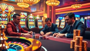 Intense poker action at the elegant table on https://lc88.jpn.com/ with vibrant slot machines in the background.