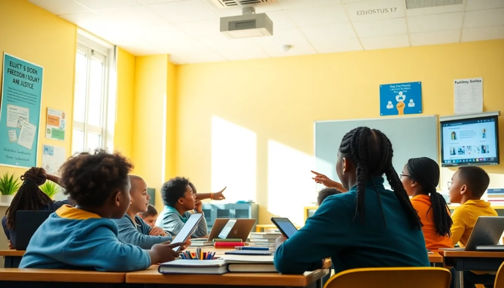 Education classroom with diverse students engaging in collaborative learning, highlighting innovation and equity.