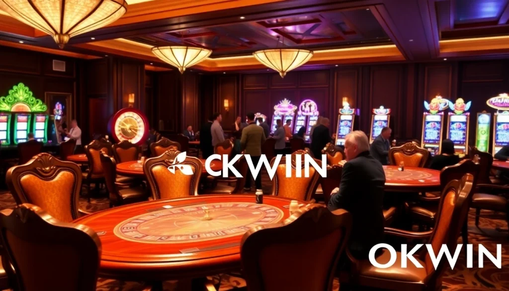 Exciting poker game at OKWIN casino with vibrant atmosphere and rich decor