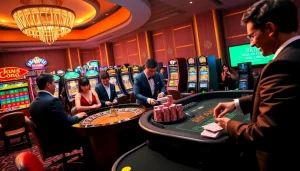Players enjoying a thrilling Man88 casino experience at a roulette table with vibrant slot machines.