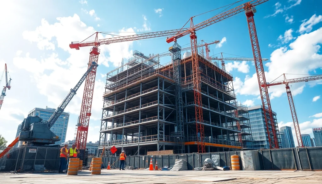 Austin construction team working on a modern high-rise project filled with cranes and safety gear.