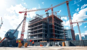Austin construction team working on a modern high-rise project filled with cranes and safety gear.