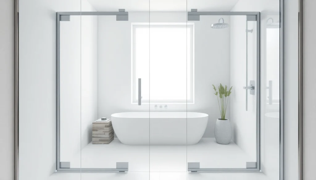 Discover elegant sunney shower doors enhancing a modern bathroom's tranquil atmosphere.