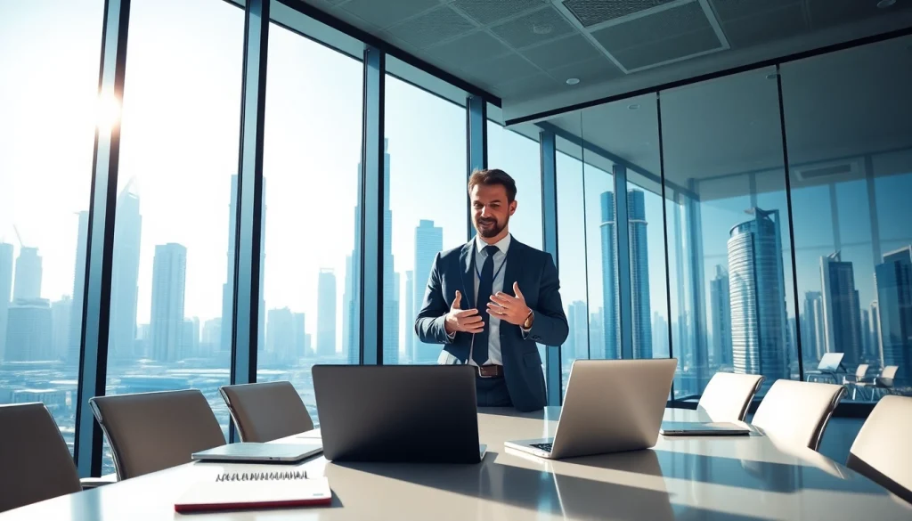 Engaging scene on business setup in Dubai with a consultant advising clients in a modern office.