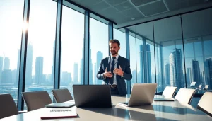 Engaging scene on business setup in Dubai with a consultant advising clients in a modern office.