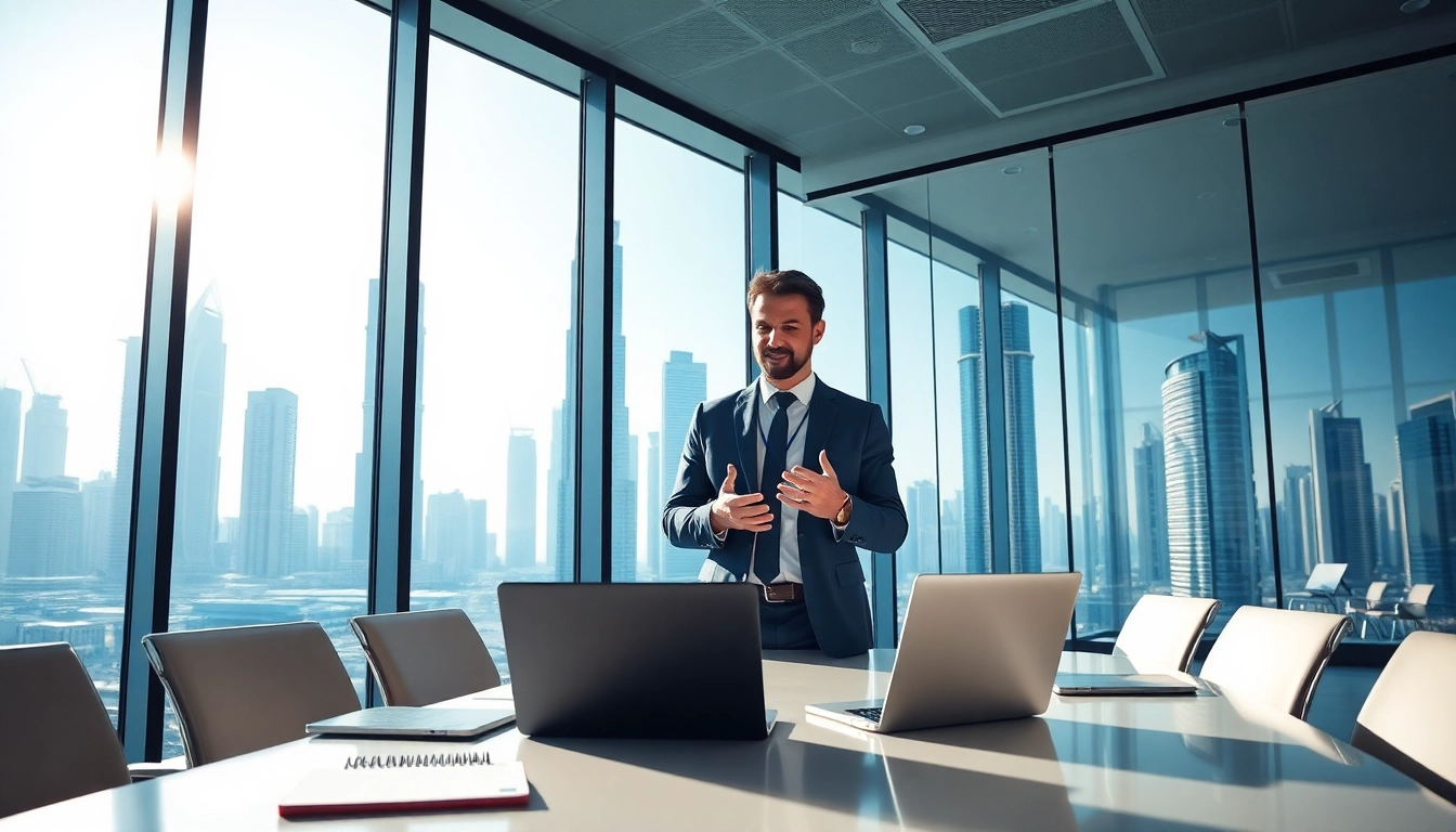 Engaging scene on business setup in Dubai with a consultant advising clients in a modern office.