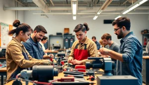 Students actively learning hands-on skills at an abc trade school in a vibrant classroom.