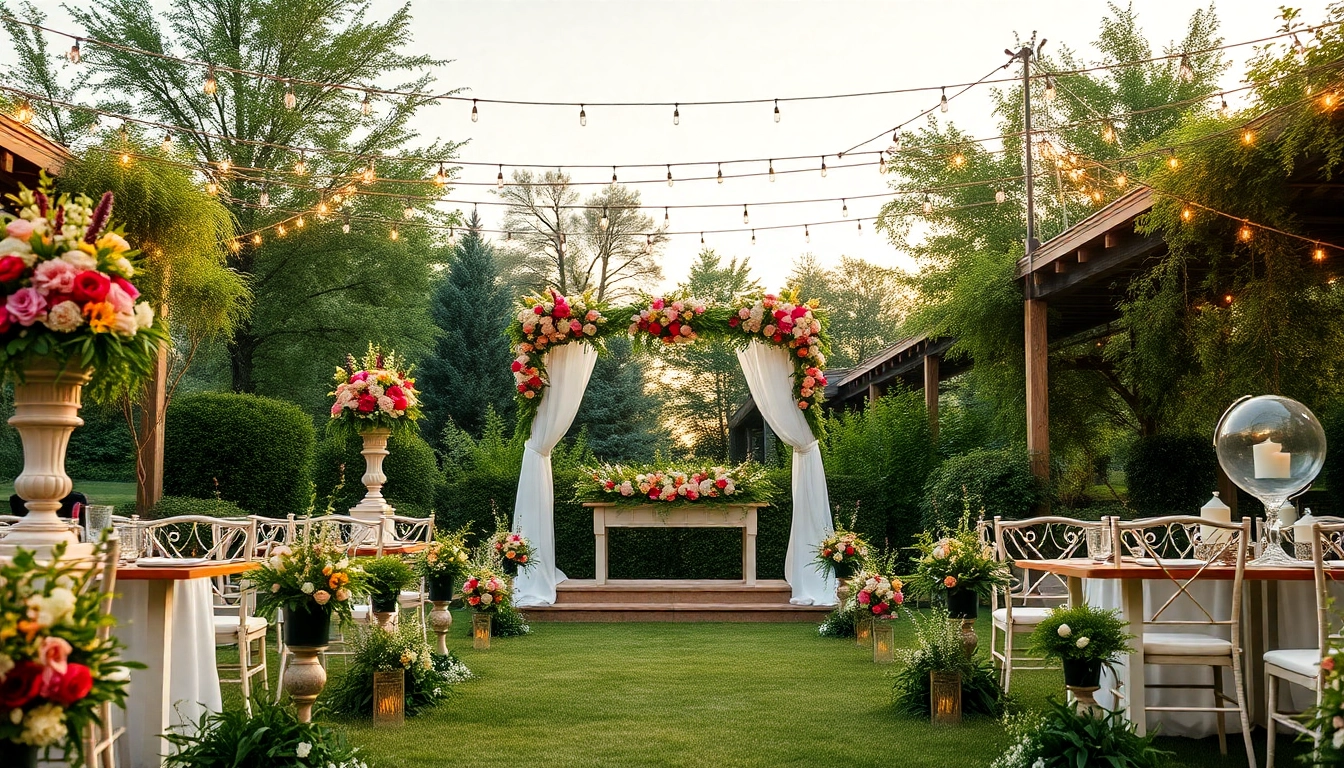 Showcasing Clarksburg wedding venues, an enchanting outdoor wedding scene adorned with flowers and ambient lighting.