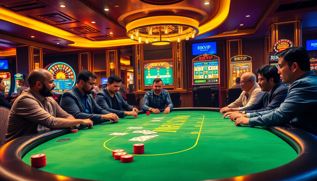 Experience the excitement of RIKVIP at a luxurious casino table with intense poker players.