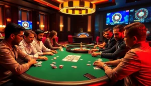 Players excitedly engage in a poker game at the 789bet đăng nhập table, surrounded by vibrant casino elements.