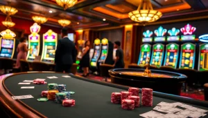 Players engaged in poker and slot games at a luxurious casino represented by https://mmoo.gripe/.