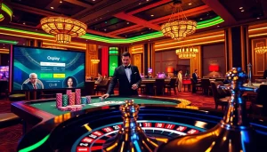 Experience the excitement of Oxplay login at a vibrant casino with live gaming elements.