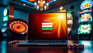 Engage with onicplay login on a sleek gaming interface surrounded by poker chips and a roulette wheel.