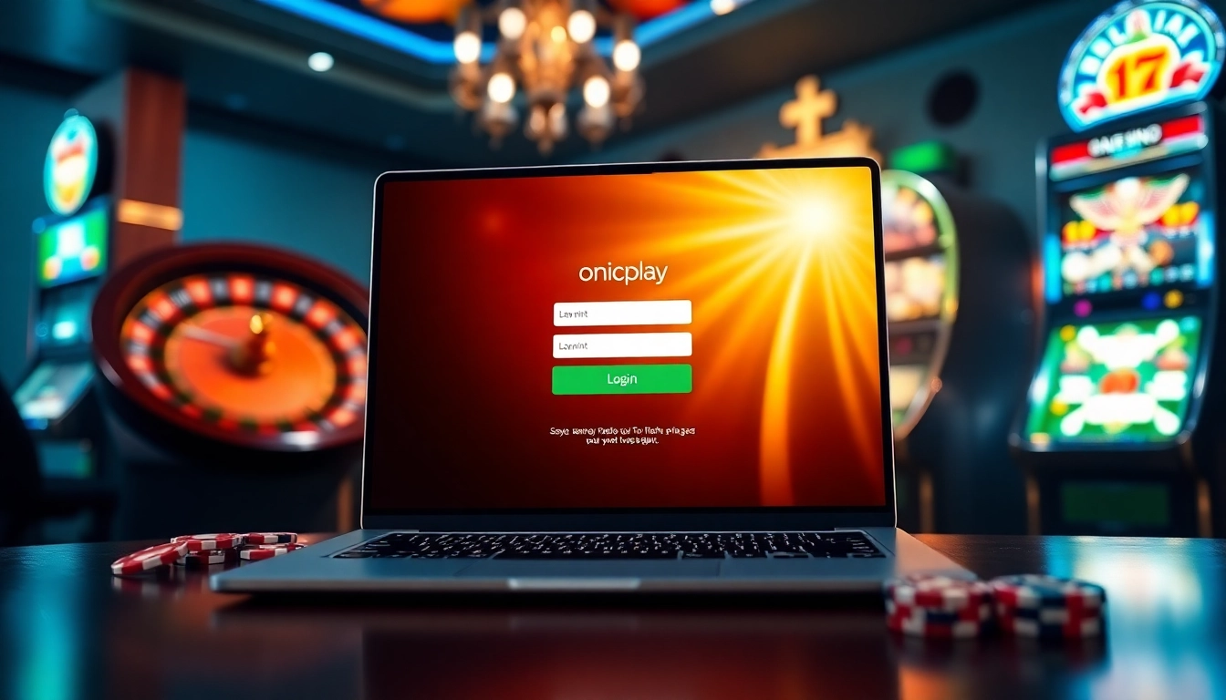 Engage with onicplay login on a sleek gaming interface surrounded by poker chips and a roulette wheel.