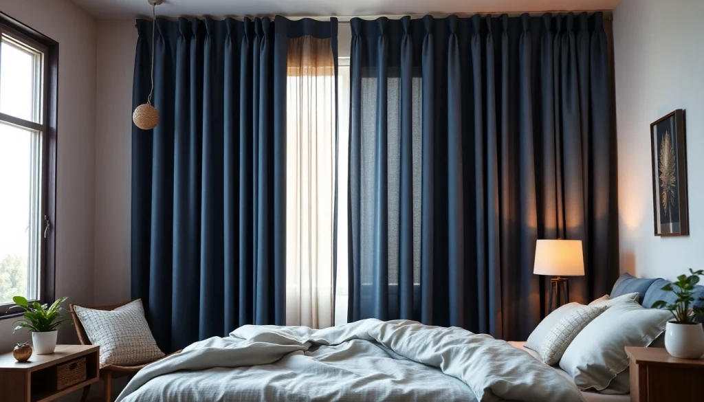 Verduisterende gordijnen creëren een sfeervolle, rustige slaapkamer met luxe stoffen.