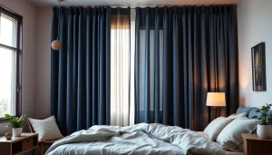 Verduisterende gordijnen creëren een sfeervolle, rustige slaapkamer met luxe stoffen.