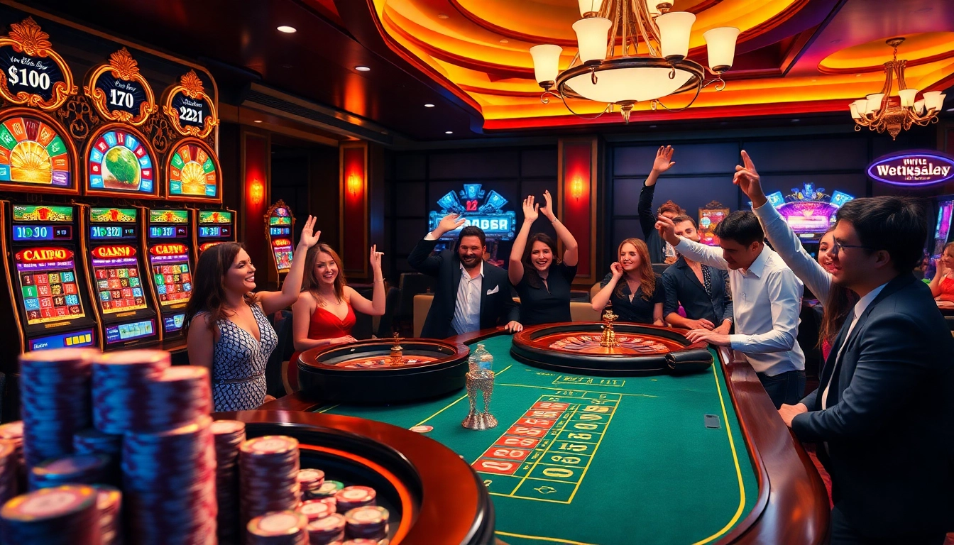 Excited players enjoying a thrilling night at the onicplay casino table with vibrant slot machines.