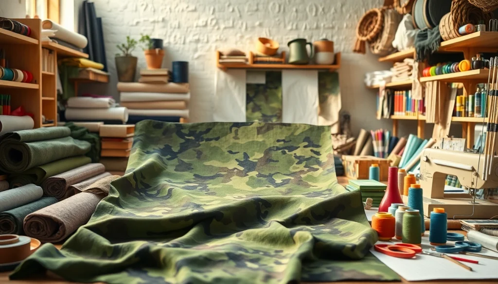 Ontdek legerprint stof in een creatieve studioomgeving met kleurrijke naaigerei.