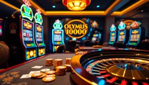 Experience thrilling gameplay with Olympus 1000 at vibrant casino tables featuring bright slot machines.