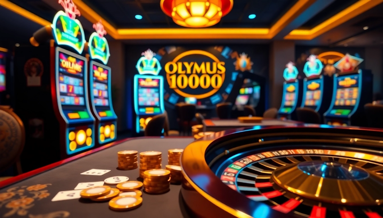 Experience thrilling gameplay with Olympus 1000 at vibrant casino tables featuring bright slot machines.